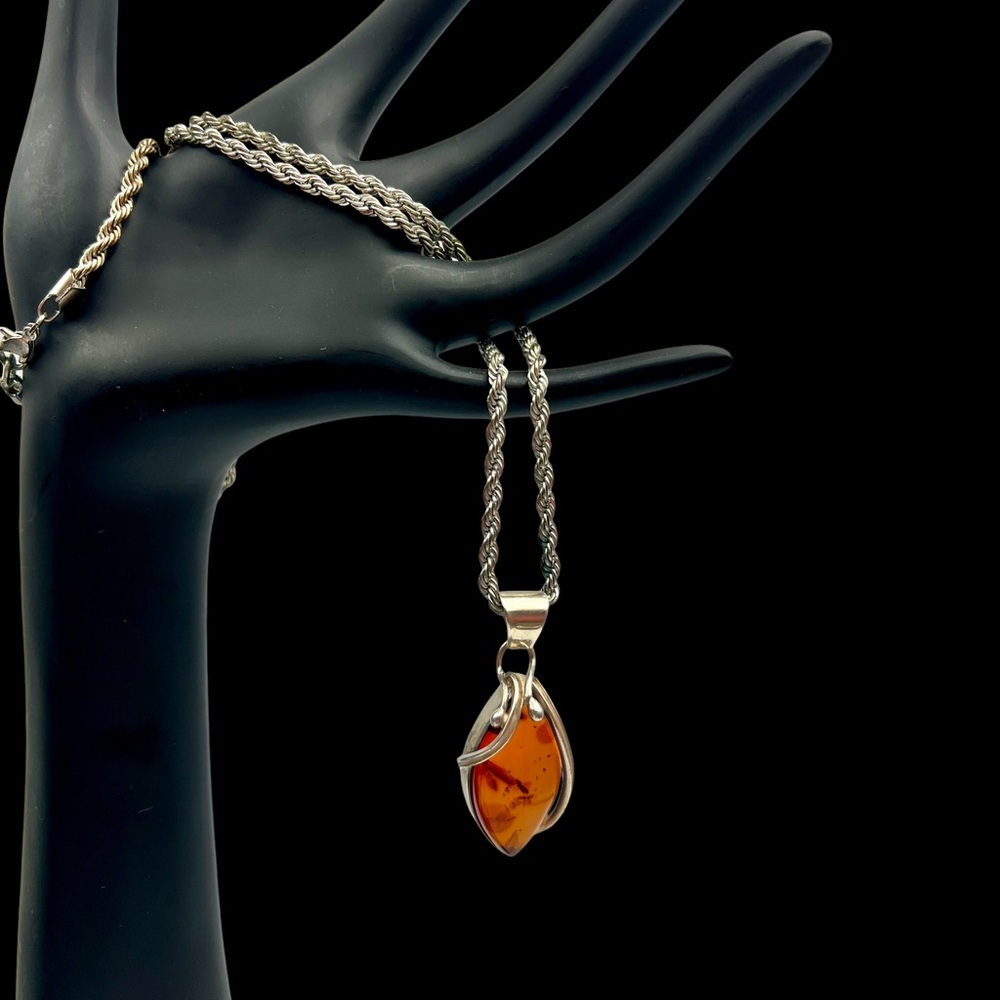 926 Sterling Silver and Cognac Amber Oval Pendant Handcrafted